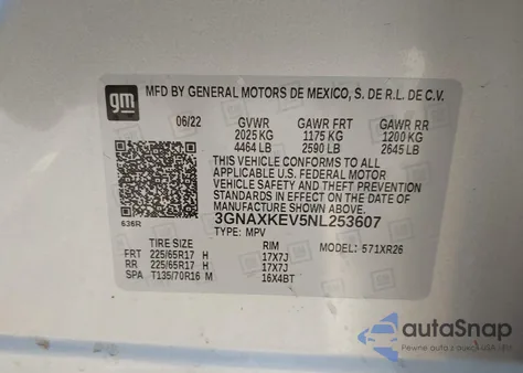 2022 Chevrolet Equinox Fwd Lt из США, поврежденный, VIN 3GNAXKEV5NL253607